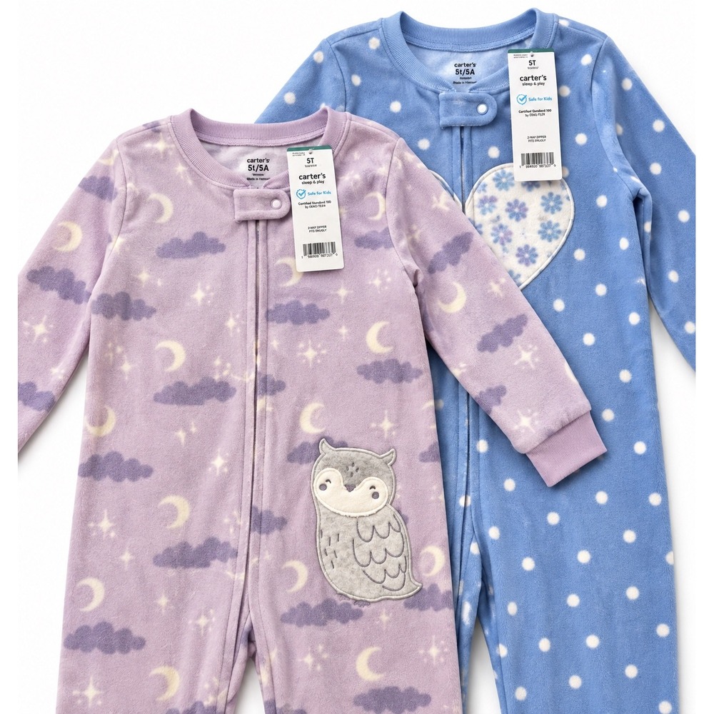 Carters Kids 5T Fleece Footed Pajamas 2 Pack Purple Owl Blue Heart Polka Dot NWT
